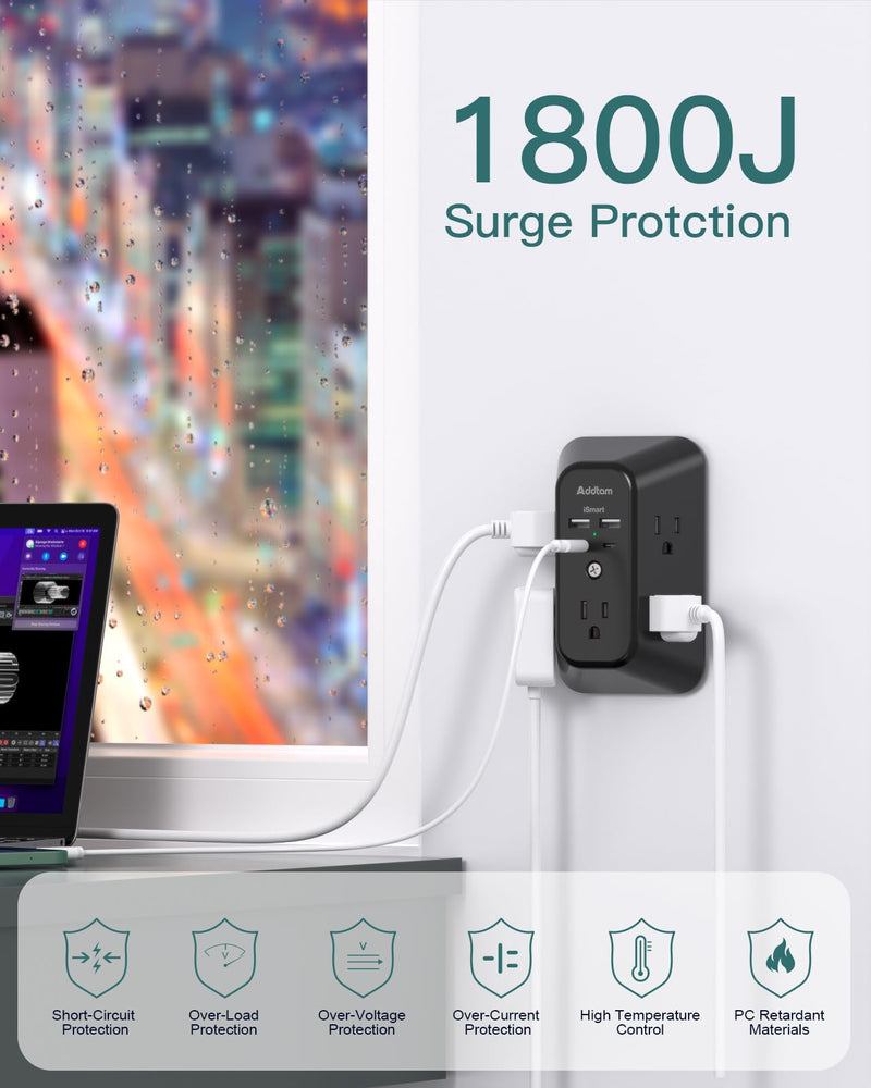 [Australia - AusPower] - Surge Protector Outlet Extender - Addtam 5-Outlet Splitter with 4 USB Wall Charger(2 USB-C Ports), Multi Plug Outlet Power Strip for Home, Dorm Room Essentials, Black 2C2A 
