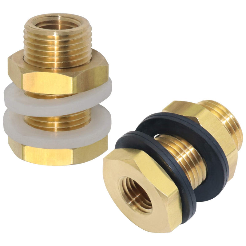 [Australia - AusPower] - KOOTNAS 2-Pack Solid Brass Bulkhead Fittings, 1/4 NPT Taper Female 3/4" Straight Male Thread Brass Water Tank Connector with 4 Rubber Rings 4 Silicone Rings, for Tank Body, Wooden Barrels, etc 1/4 NPT Taper Female, with Rubber Orings 