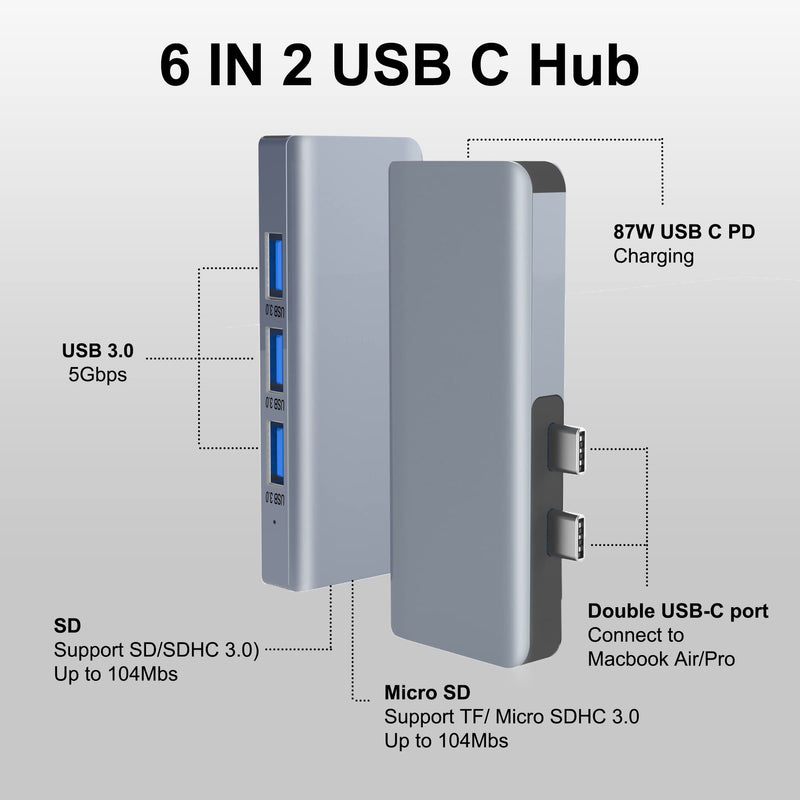 [Australia - AusPower] - USB C Adapter for MacBook Pro/Air 2021 2020 2019, 6 in 2 USB C Hub Multiport Adapter Dongle Ethernet Compatible with MacBook Pro/Air with 87W PD Charging,3 USB 3.0 and SD/TF Card Reader Silver 