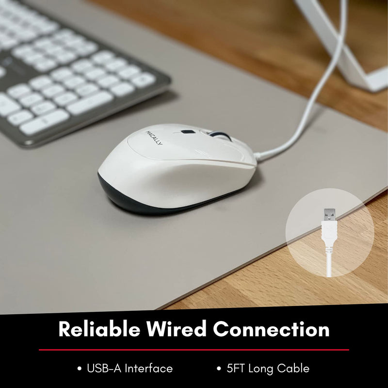 [Australia - AusPower] - Macally USB Wired Mouse for Mac or PC - Comfortable, Smooth, and Quiet - White USB Mouse Wired with 5ft Cable and 4 DPI - Plug and Play Corded Computer Mouse for Laptop or Office Desktop - White 