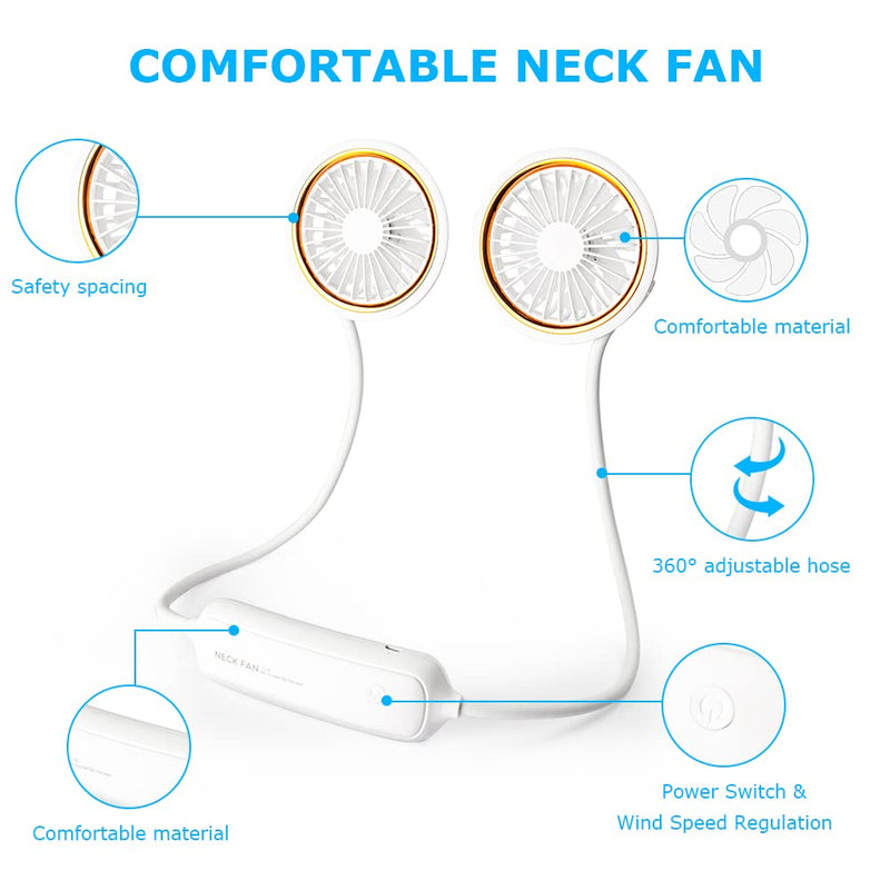 [Australia - AusPower] - Portable Neck Fan, USB Rechargeable Battery Operated Personal Fan Office Outdoor Beach Accessories Hands Free Cooling Fan 3 Speeds Adjustment (White) White 