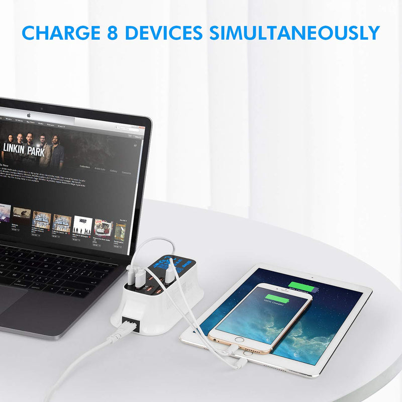 [Australia - AusPower] - Multiple USB Charger, 8-Port Desktop Charging Station with Quick Charge 3.0 USB Port, Type C Port and LCD Display for Smart Phones, Tablet and More 