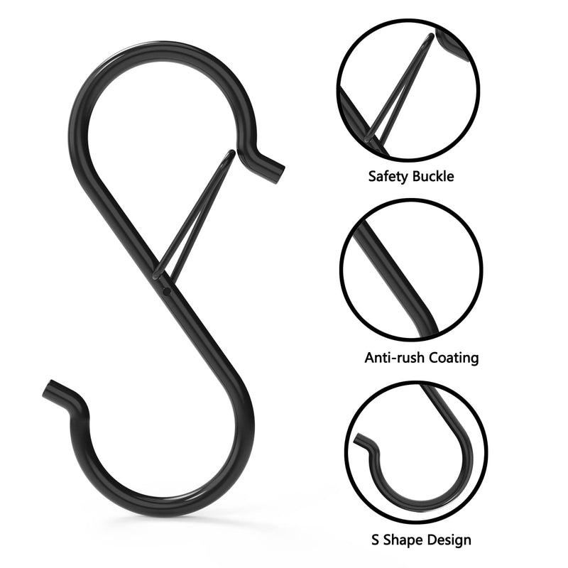 [Australia - AusPower] - 8 Pack S Hooks with Safety Buckle for Shelves/Racks/Poles, Heavy Duty Metal 3.5" S Hooks for Hanging Kitchen Utensils/Plants/Pots & Pans 8 