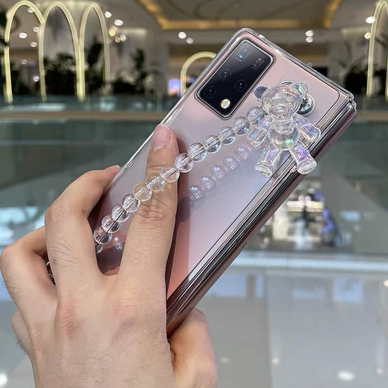 [Australia - AusPower] - for Samsung Galaxy Z Fold 3 Case Bling Cute Bear Bead Strap,Luxury Clear Frosted PC Back Soft TPU Airbag Protection,Slim Lightweight Shockproof Phone Case for Samsung Z Fold 3 for Girls Women White 