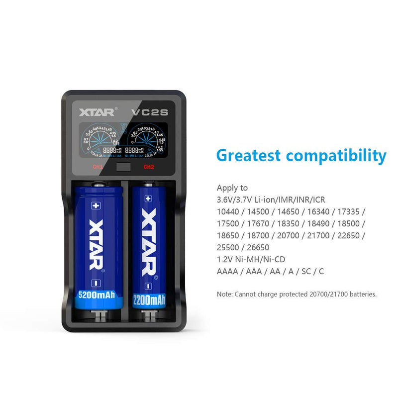 [Australia - AusPower] - XTAR VC2S 5V 2.1A 18650 Battery Charger Upgraded LCD Display with USB Output Function and Check The Batteries’ Authenticity for 10440 18350 18500 18650 18700 20700 26650 AAAA AAA AA SC C (VC2S) 