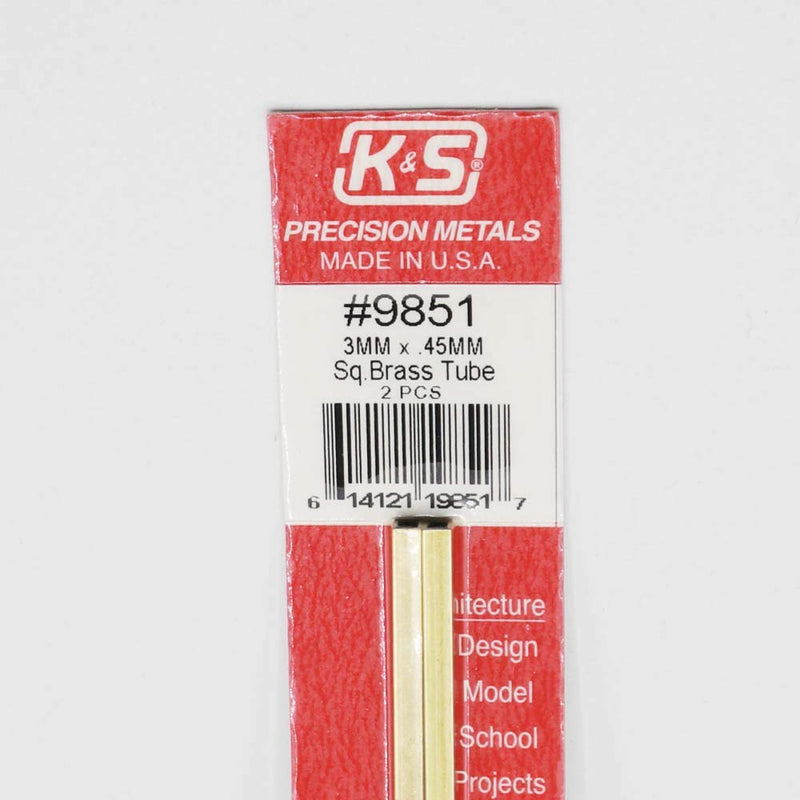 [Australia - AusPower] - K&S Precision Metals 9851 Square Brass Tube, 3mm X 3mm X .45mm Wall Thickness X 300mm Long, 2 Pieces per Pack, Made in The USA 
