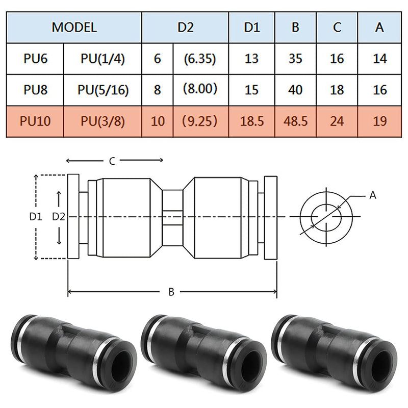 [Australia - AusPower] - FOCCTS 10Pcs Pneumatic Straight Tube,Quick Tube Fittings Union Straight Joint, Straight Push Connectors PU 10 Fitting for 3/8 OD Tube 