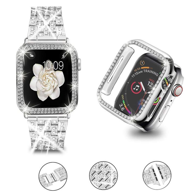 [Australia - AusPower] - Bekomo [3-pack] Compatible for Apple Watch Band 42mm with Rhinestone Protective Cover,1pack Women Girls Bling Diamond Metal Strap & 2pack Soft PC Bumper Protective Case for iWatch Series 6/5/4. Silver+case+case 