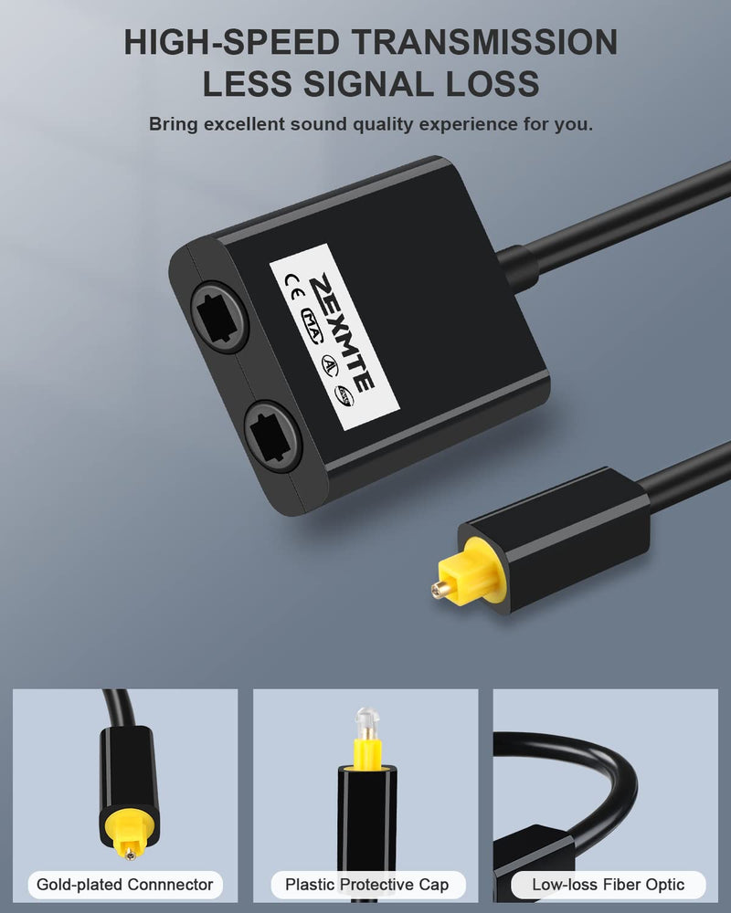 [Australia - AusPower] - ZEXMTE 【Upgraded】 Optical Fiber Splitter 1 in 2 Out Optical Audio Splitter, Fiber Optical Splitter with 24K Gold Plated Connectors for CD Player, DVD Player, Receiver-Black 