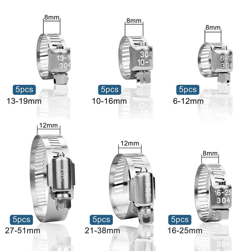 [Australia - AusPower] - InduSKY 30Pcs Hose Clamps 1/4-2 in (6-51mm) Adjustable Range 304 Stainless Steel Worm Gear Hose Clamps Assortment Kit for Fuel Line, Plumbing, Automotive, Dishwasher, Washing Machine, Pool etc. 