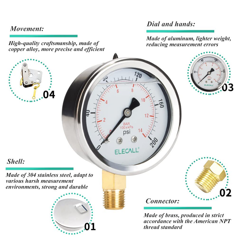 [Australia - AusPower] - ELECALL 200psi Silicone Oil Filled Pressure Gauge for Water Oil Air Fuel Pressure Test in Pool Pump Sand Filter Air Compressor Water System, 2-1/2"Stainless Steel Case, Bottom Mount 1/4"NPT 0-200 Psi Lower Mount 