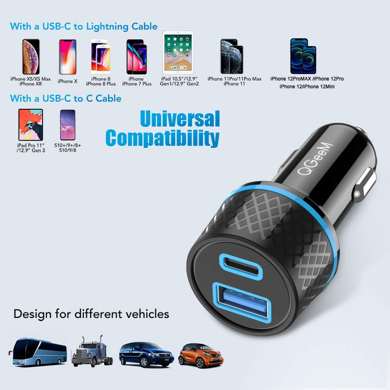 [Australia - AusPower] - USB C Car Charger,QGeeM 42.5W Car Charger Adapter with Power Delivery & Quick Charge 3.0 USB Car Charger 2 Port Fast Charging Compatible with iPhone13/12/11 Pro/Max/XR/XS,iPad Pro/Air,Galaxy S21/10/9 