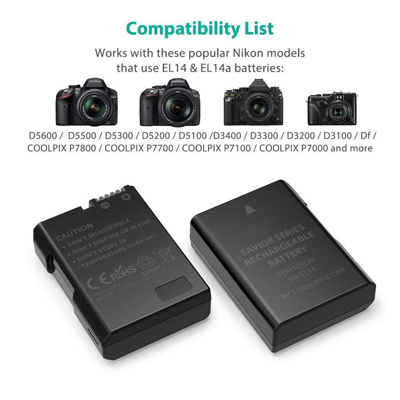 [Australia - AusPower] - EN-EL14 EN EL14A Battery Charger 2-Pack Rechargeable Li-ion Batteries Compatible with Nikon D3100 D3200 D5200 D5300 D5600 D3300 D3500 D5100 D5500 Coolpix P7200 P7700 P7800 P7000 P7100 