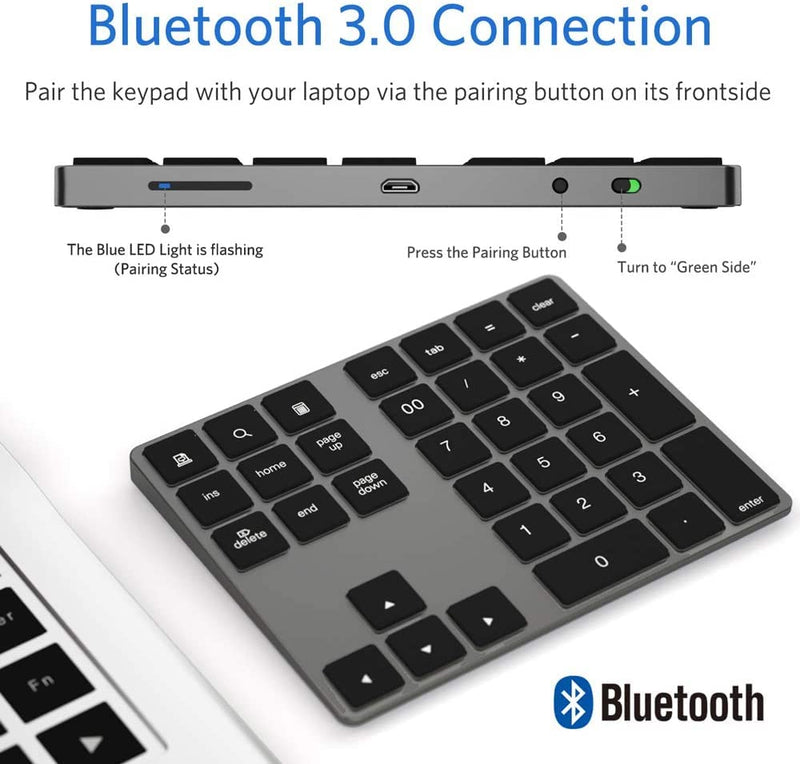 [Australia - AusPower] - Bluetooth Number Pad, Aluminum Rechargeable Numeric Keypad Wireless 34-Keys Number Keyboard Shortcut Keypad Numpad Data Entry Compatible for iMac Windows, MacBook Air/Pro and Laptop etc. Deep Black 