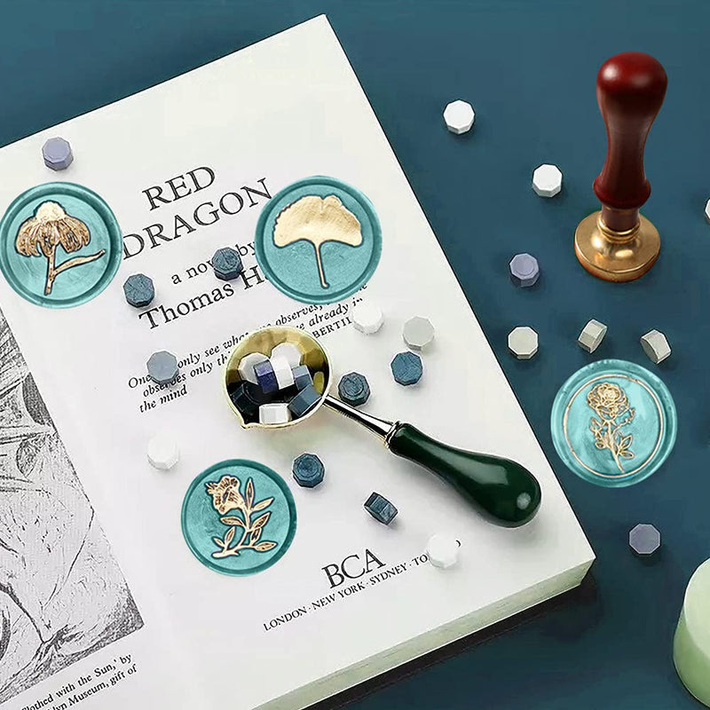 [Australia - AusPower] - Wax Seal Stamp Kit, Afobby Plant Set with 6 PCS Removable Brass Heads and 1 Wooden Handle, Retro Bellflower Flowers Sealing Stamps for Wedding Invitation Envelopes Decoration, medium Flower wax seal stamp kit4 