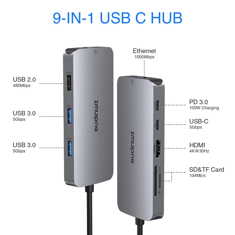 [Australia - AusPower] - USB C Hub Multiport Adapter, 9-in-1 USB-C Hub USBC to 4K HDMI,1Gbps Ethernet RJ45,3 USB Port,100W PD, SD/TF Card Reader Mac USB C Dongle Adapter for MacBook Pro Air, iPad Pro,HP/Dell Type C Laptops 9 in 1 