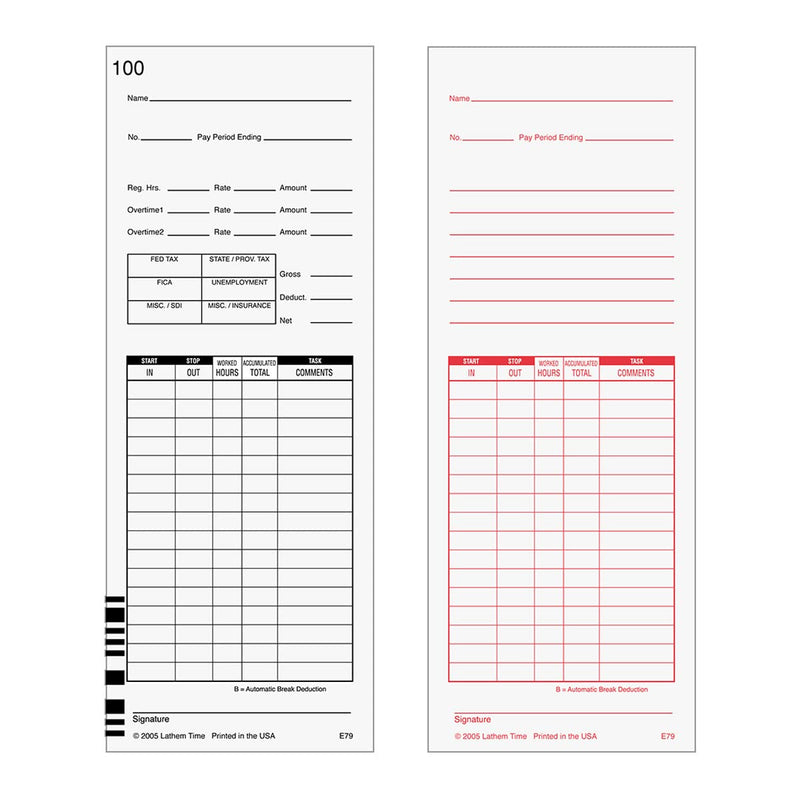 [Australia - AusPower] - Lathem Time Cards, F/7000E, Numbered 1-100, 2-Sided, 3 3/8" x 9", White, Pack of 100 