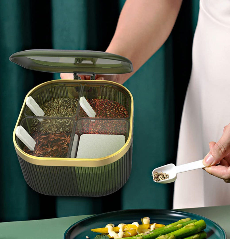 [Australia - AusPower] - 4 Compartments Seasoning Box With Lid,Clear Seasoning Storage Box Container,Seasoning Box with Cover and Serving Spoons,Kitchen Condiment Jars,Plastic Seasoning Box Set(Green) Green 