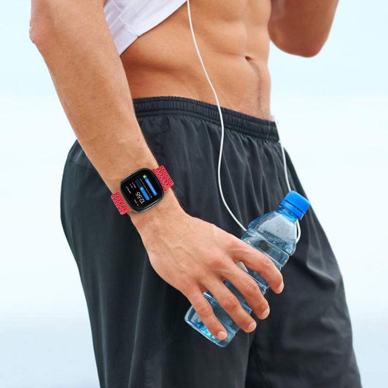 [Australia - AusPower] - XFYELE Nylon Loop Watch Bands Compatible with Fitbit Versa 3/Fitbit Sense, Breathable Adjustable Sport Watch Strap for Women Men China Red+Dark Black+Pink Sand 