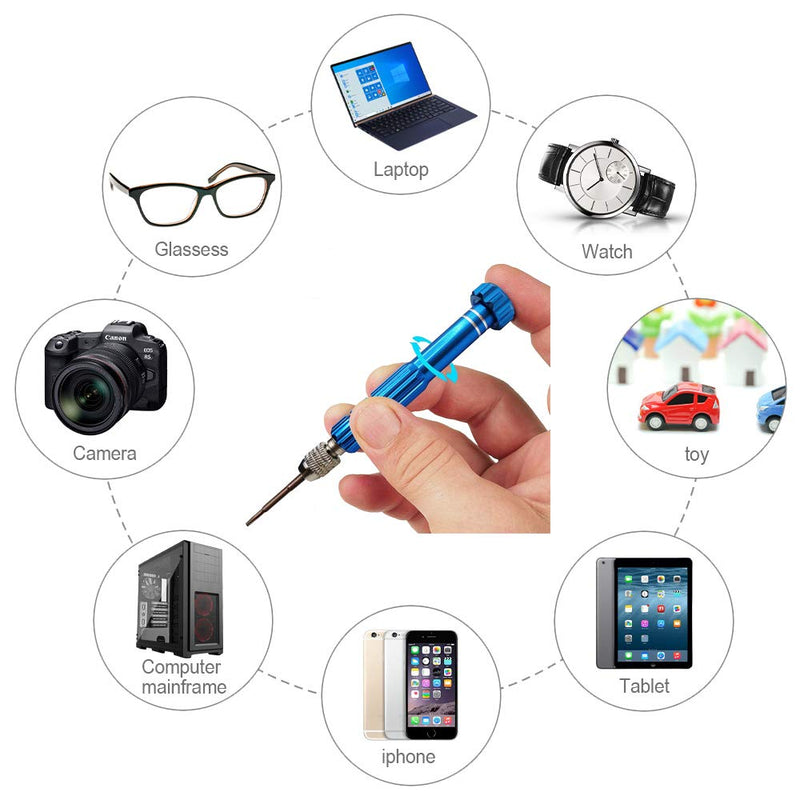 [Australia - AusPower] - Eyeglass Repair Kit, 5-in-1 Multifunctional Precision Screwdriver Set (torxT5~T6,+1.5,-2.0,star0.8) with Mini Keychain Screwdriver for Glasses, Cellphone, Electronics, Watch, Laptop, Jewelry Blue 