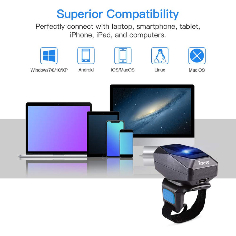 [Australia - AusPower] - Upgraded Eyoyo 1D Wireless Ring Barcode Scanner Bluetooth, 3-in-1 USB Wired Inventory Bar Code Scanner Fast Scanning Portable Mini Finger Barcode Reader for Tablet iPhone IPad Android Windows Mac 