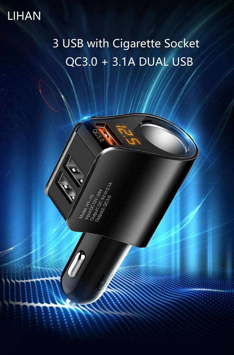 [Australia - AusPower] - Car Charger Extension Cigarette Lighter Adapter,Socket Splitter with 3 USB and Voltage Meter,Compatible with iPhone 13,12,12 Pro Max,iPad,Samsung,fit for 12V/24V Automobile Outlet (BlackQC3.0) BlackQC3.0 