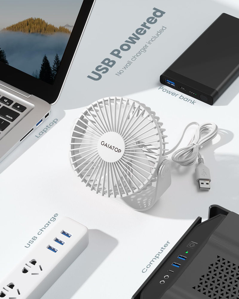 [Australia - AusPower] - Gaiatop USB Desk Fan, 3 Speeds Portable Small Fan with Strong Airflow, 5.5 Inch Quiet Table Fan, 90° Rotate Personal Cooling Fan For Bedroom Home Office Desktop Travel (White) White 