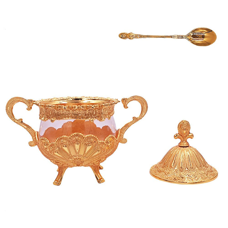 [Australia - AusPower] - Hourwof Sugar Bowl with Lid and Spoon for Kitchen Coffee Bar and Wedding Party,Metal and Glass Sugar Container for Sugar Cube and Powder Sugar,Spice Condiment Container,Salt Server,Gold Gold 