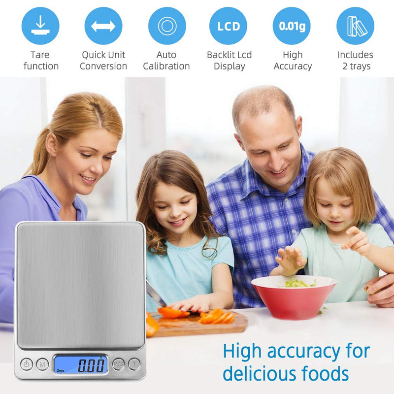 [Australia - AusPower] - Toprime Digital Gram Scale 500g 0.01g Food Scale High Precision Kitchen Scale Multifunctional Stainless Steel Pocket Scale with Back-Lit LCD Display Tare PCS Features, Silver 