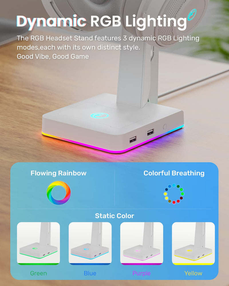 [Australia - AusPower] - IFYOO RGB Gaming Headset Stand with 2 USB Ports, Game Headphone Mount for PC, Xbox One, PS4, Switch, Earphone Holder Hanger, Great for Gaming Stations, Fancy Desk Gamer Accessories, White 