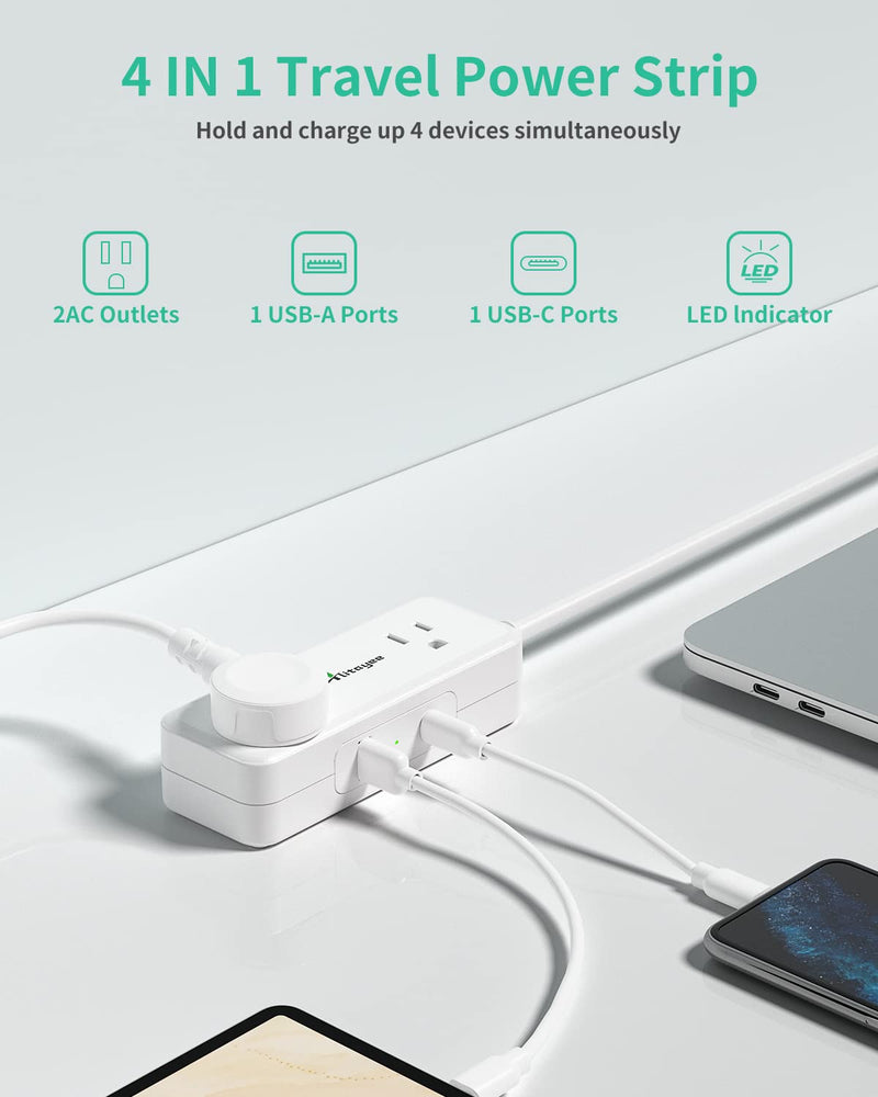 [Australia - AusPower] - Travel Extension Cord,Mini USB C Power Strips with 2 Outlets 2 USB Ports Fast Charge, USB Power Strip with Flat Plug and 5ft Heavy Duty Extension Cords,No Surge Protector for Cruise Travel Home Office 