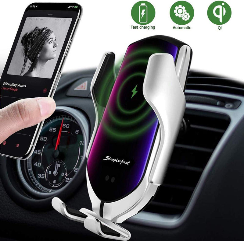 [Australia - AusPower] - Smart Sensor Wireless Car Charger Mount New Model R2,10W Qi Fast Charging,for Samsung/Android/iPhone, etc (Silver, R2) Silver 