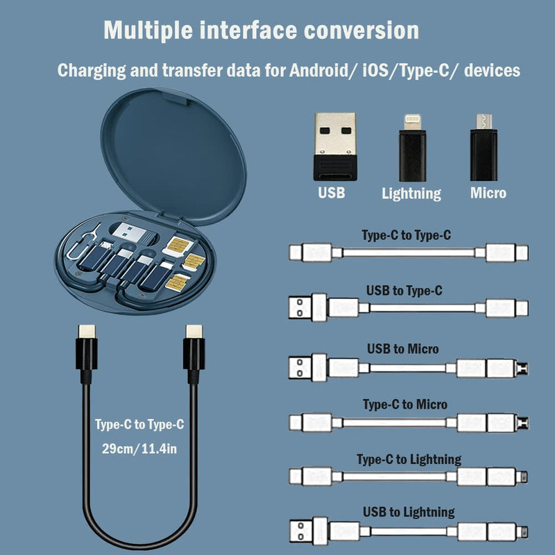 [Australia - AusPower] - USB Adapter Cable Conversion Storage Box, Multi-Type Charging Line Convertor Lightning Type C Micro Data Transfer Tool Contains Sim Card Slot Tray Eject Pin, Use as Phone Holder (Midnight Blue) Midnight Blue 