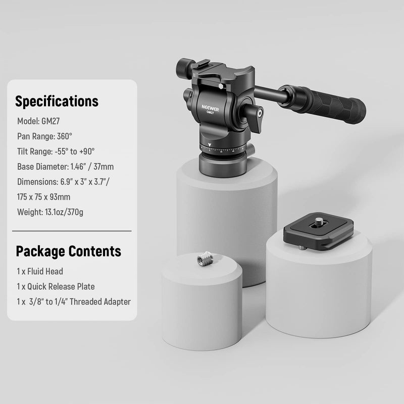 [Australia - AusPower] - NEEWER Tripod Fluid Head with +/-10° Leveling Base(37mm Dia.), Metal Pan Tilt Head with Arca Type QR Plate, Telescopic Handle for Compact Video Camera DSLR Camera, Max Load 8.8lb/4kg, GM27 