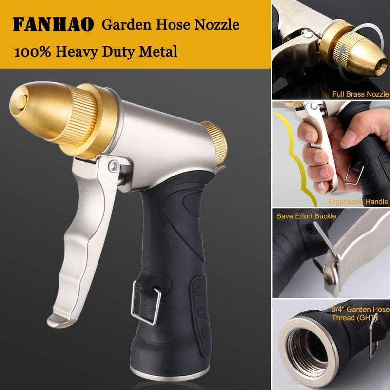 [Australia - AusPower] - FANHAO Garden Hose Nozzle, 100% Heavy Duty Metal Spray Nozzle High Pressure Water Nozzle with 4 Patterns for Watering Garden, Washing Cars and Showering Pets - Full Brass Nozzle + ABS Non-Slip Grip 3/4”Garden Hose Thread (GHT) 