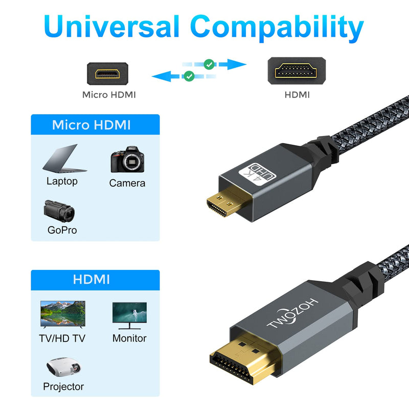 [Australia - AusPower] - Twozoh 4K Micro HDMI to HDMI Cable 1FT, High-Speed Full HDMI to Micro HDMI Braided Cord Support 3D 4K/60Hz 1080p 