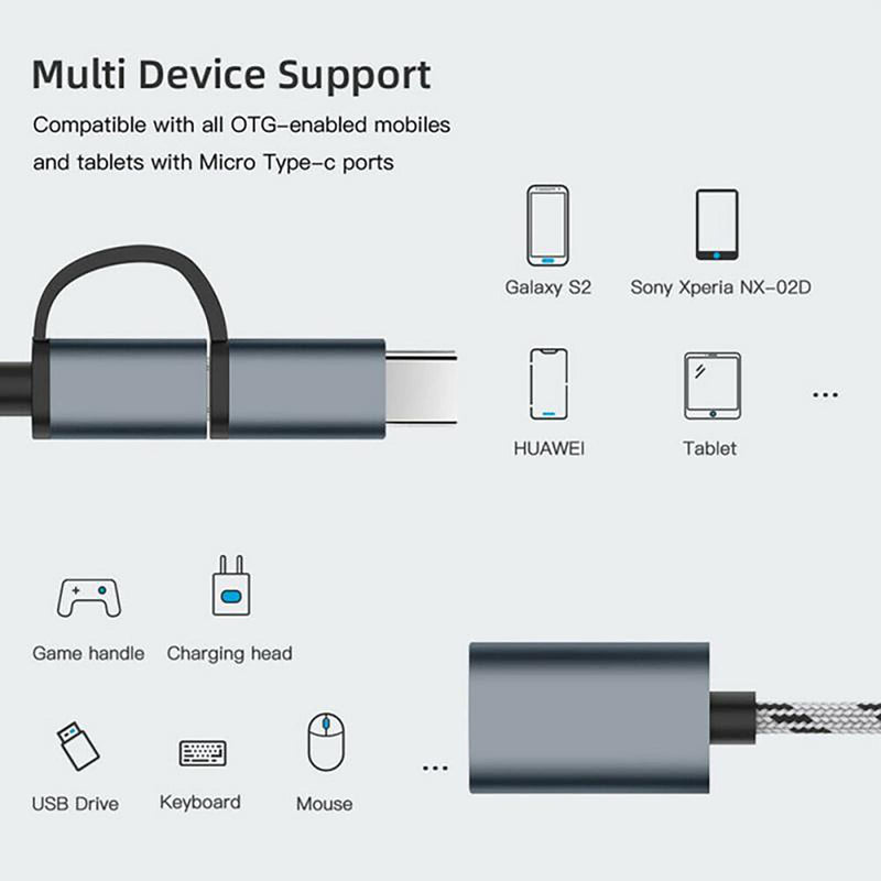 [Australia - AusPower] - OTG Adapter Cable,2 in 1 USB to Type-C,USB to Micro USB Nylon USB 3.0 Interface Fast Transfer Connector Converter for Cellphone Charging Line (Grey) Grey 