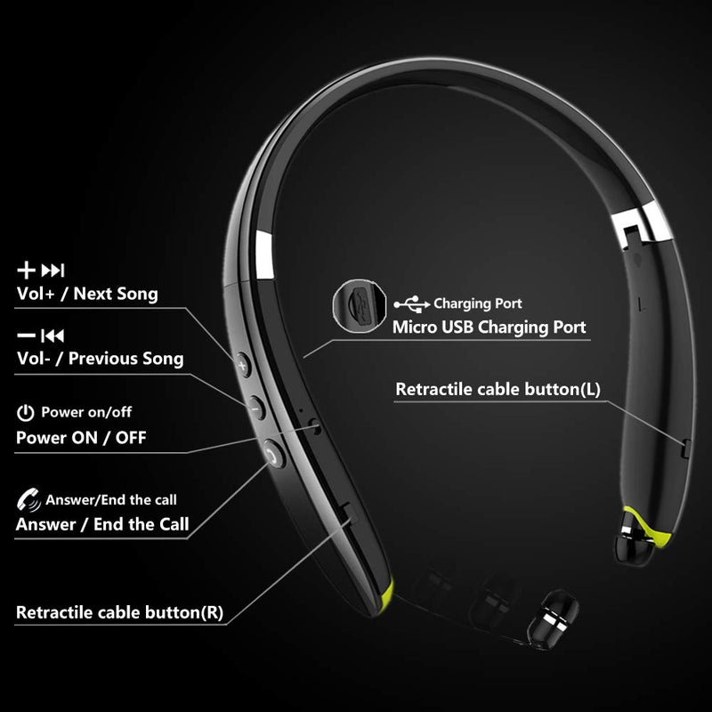 [Australia - AusPower] - Bluetooth Headphones, BEARTWO Upgraded Foldable Wireless Neckband Headset with Retractable Earbuds, Noise Cancelling Stereo Earphones with Mic for Workout, Running, Driving (with Carry Case) Black 