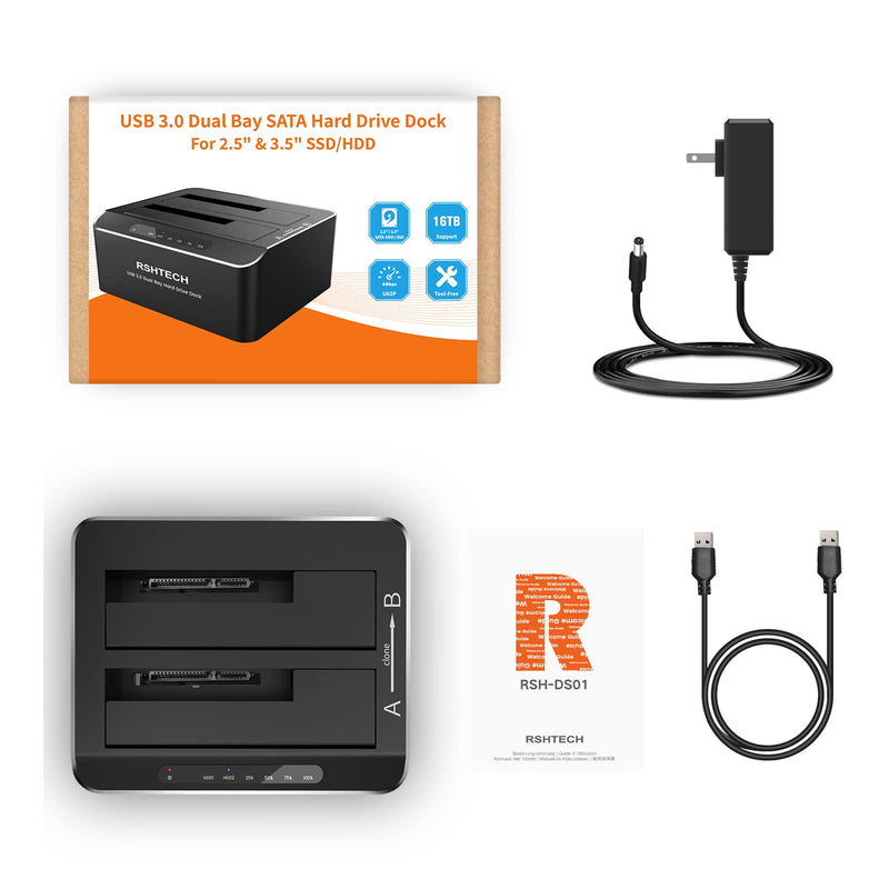 [Australia - AusPower] - Hard Drive Dock, RSHTECH Aluminum USB 3.0 to SATA Dual Bay External Hard Drive Docking Station for 2.5 & 3.5 inch SATA HDD SSD with Offline Clone/Duplicator Function, Support UASP & 2x16TB (RSH-DS01) SATA Dual-Bay Hard Drive Dock 