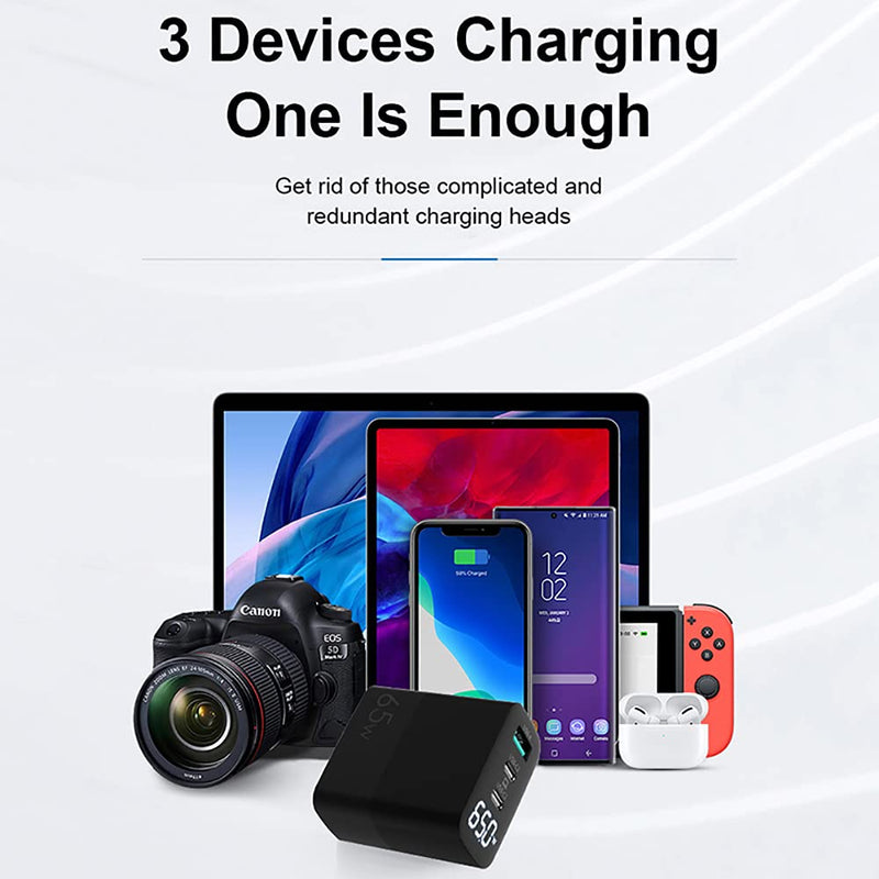 [Australia - AusPower] - URVNS GaN 65W USB C Charger, Power Display 3 Ports Fast PD Wall Adapter, Foldable US Plug Travel Charger for iPhone 13 12 Pro Max Mini for MacBook Laptop and More 