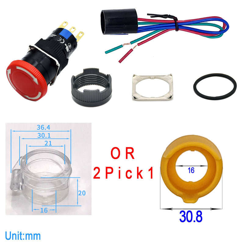 [Australia - AusPower] - 16mm Emergency Stop Button Switch Latching Red Mushroom Cap Toggle Switch E-Stop Button 1NO1NC / 2NO2NC ON Off 5A Power Off with Protection Cover with Plug 1NO1NC SPDT 3PIN Transparent protective cover 