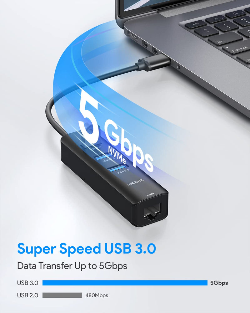 [Australia - AusPower] - USB to Ethernet Adapter, ABLEWE 3 Ports USB 3.0 Hub with RJ45 1Gbps Gigabit Ethernet Adapter, for MacBook Air 2017, iMac, XPS, Surface Pro, Linux, Chromebook, Notebook and More - Black 