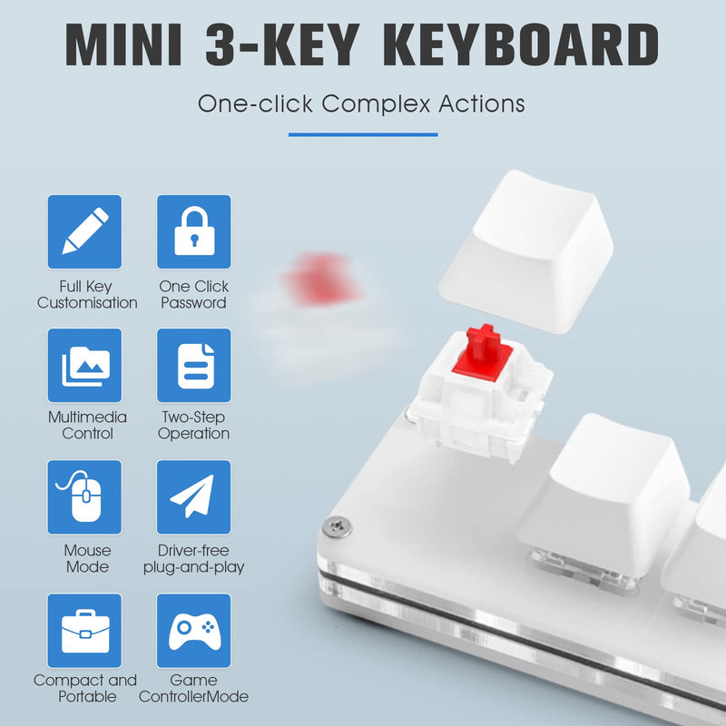 [Australia - AusPower] - Ecarke USB Mini 3-Key Keypad Mechanical Gaming Keyboard Programming Macro with Software OSU HID Standard Keyboard（Upgrade Cherry Shaft & RGB LED） White 