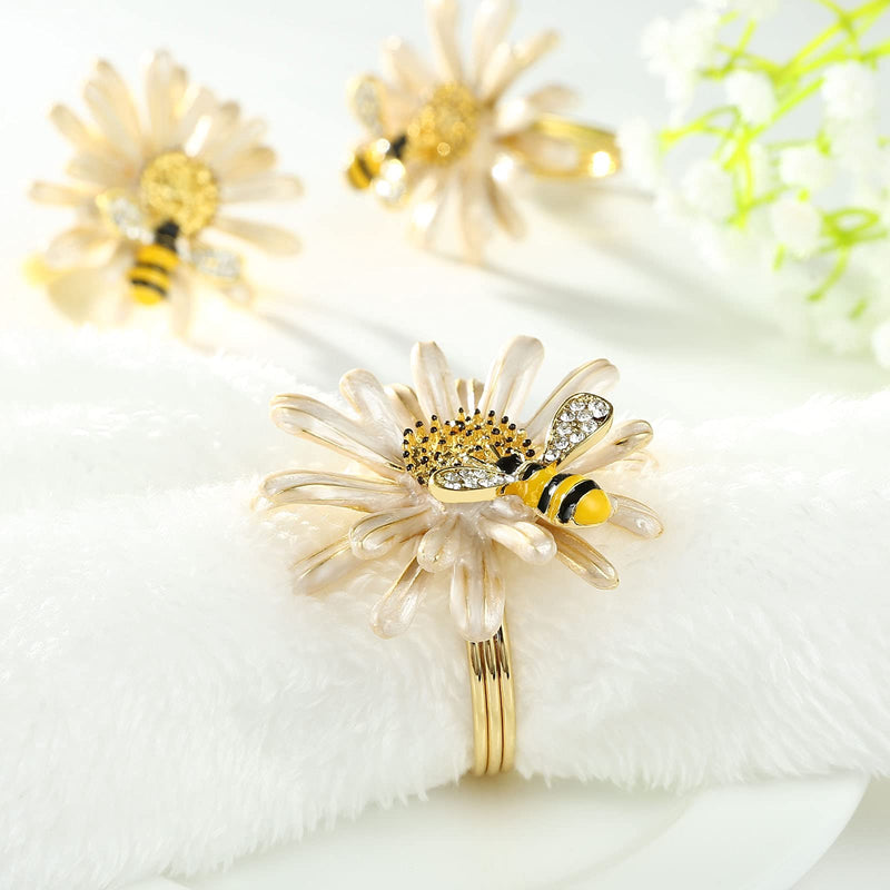 [Australia - AusPower] - Kesote Daisy Sunflower Napkin Rings Set of 6, Gold Bee Napkin Ring Holders for Formal or Casual Dinning Table Decor Cream 