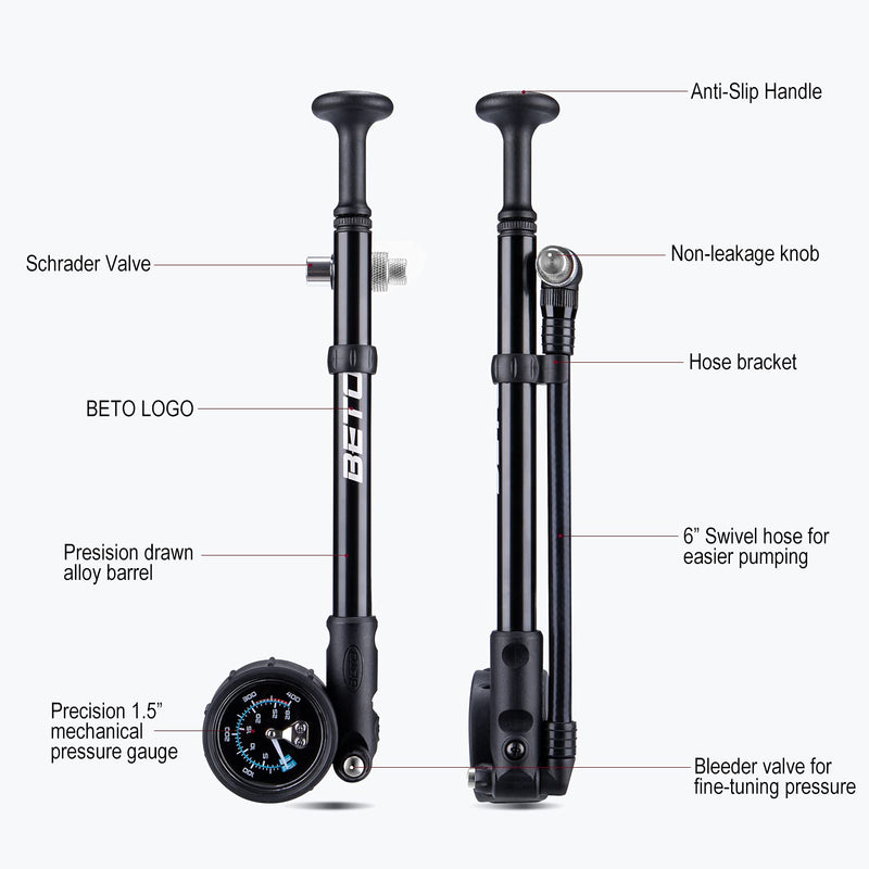 [Australia - AusPower] - BETO High Pressure Shock Pump - (400 PSI Max) MTB Bike Shock Pump for Fork & Rear Suspension with No-Loss Schrader Valve 