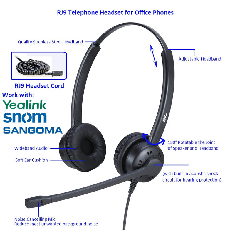 [Australia - AusPower] - Corded Phone Headset with Noise Cancelling Microphone for Office Phones RJ9 Landline Telephone Headset Compatible with Panasonic Sangoma Snom Escene etc 