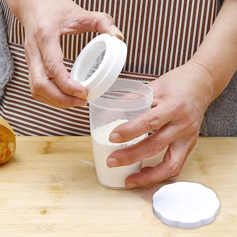 [Australia - AusPower] - 1PC White Plastic Flour Powder Sugar Shaker with Lid Mesh Shaker Icing Sugar Powder Cocoa Flour Chocolate Coffee Sifter Cooking Tool Accessories 