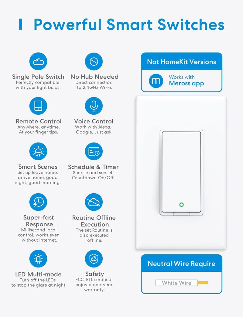 [Australia - AusPower] - meross Single Pole Smart Switch, 2.4GHz Wi-Fi Light Switch Compatible with Alexa and SmartThings, Requires Neutral Wire Required, Remote Control Schedule, No Hub Required (4 Pack) 