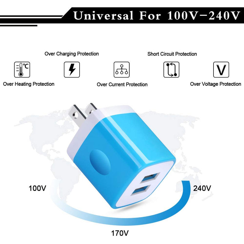 [Australia - AusPower] - USB Wall Charger, Charging Block, 3Pack 2.1A 2 Port Wall Plug Travel Power Adapter Fast Charger Box Compatible with iPhone 12/12 Mini/11 Pro Max/SE/Xs Max/XR/X/8/7/6 Plus, Samsung Galaxy S21 S20 Ultra Blue,Green,Purple 