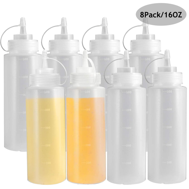 [Australia - AusPower] - 8 Pack Condiment Squeeze Bottles, OAMCEG 16 OZ Durable Plastic Squeeze Squirt Bottle with Discrete Measurements, for Ketchup, BBQ, Sauces, Syrup, Condiments, Dressings, Arts and Crafts - BPA Free 16oz 